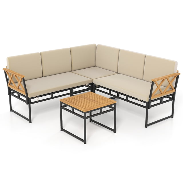 Gymax Set Of 4 Outdoor Sectional Sofa L-Shaped Metal Conversation Set w/ Cushions