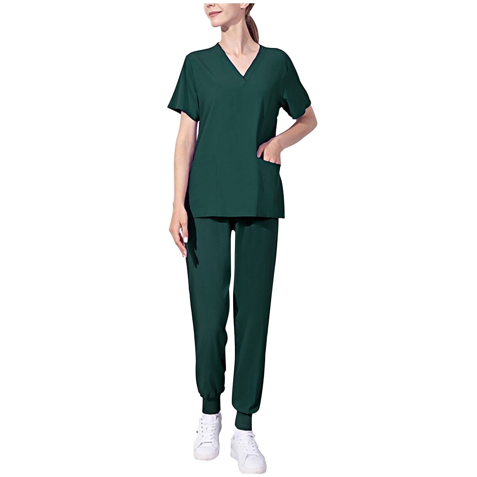 Lolmot Ensemble d'Infirmière pour Femmes à Manches Courtes, Couleur Unie, avec Poche, Col en V