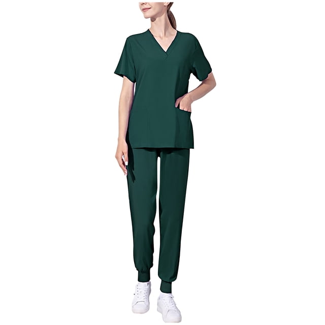 Pisexur Ensemble de Sarraus pour Femmes, Uniforme Médical Uni Extensible, Ensemble de Sarrau, Haut à Col en V à Manches Courtes, Pantalon Jogger Fuselé Cargo