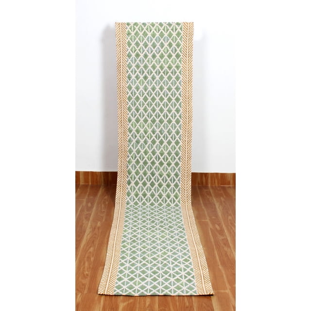Casavani Handblock Printed Cotton Dhurrie Hallway Stair Runner Rug Home Decor Kilim Rug, Green 2.6x4 feet