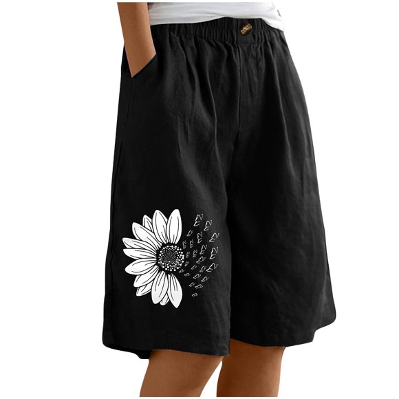 TrendOFT Womens Casual Summer Shorts Woman Elastic Solid Color Button Down Half With Pocket Wide Leg Lounge Shorts Womens Athletic Shorts Black L