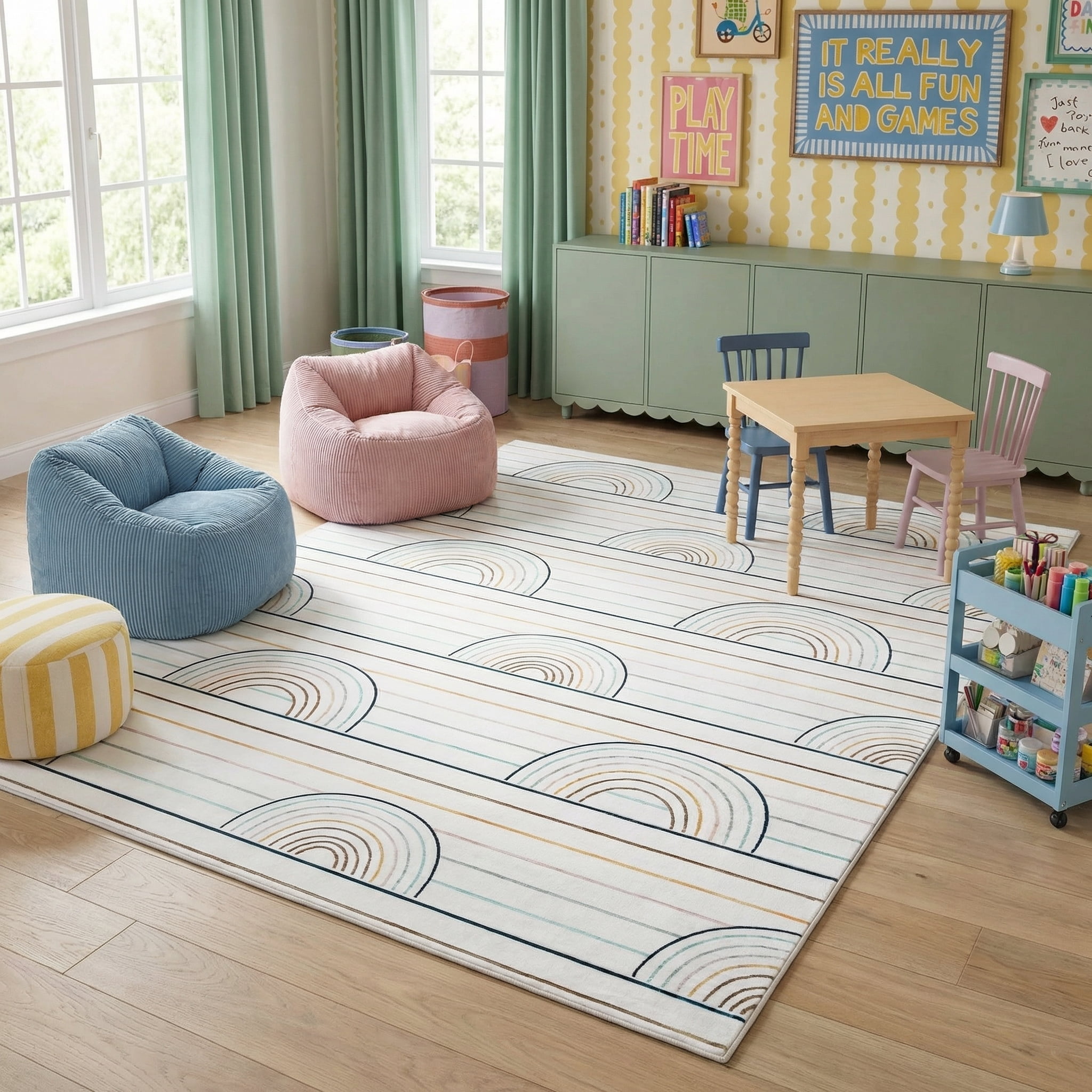 Tapis Branch Soft Steps Playtime a rayures colorees arc-en-ciel, bleu et rose - Garçons et filles dans la salle de jeux, la chambre d'enfant, la chambre