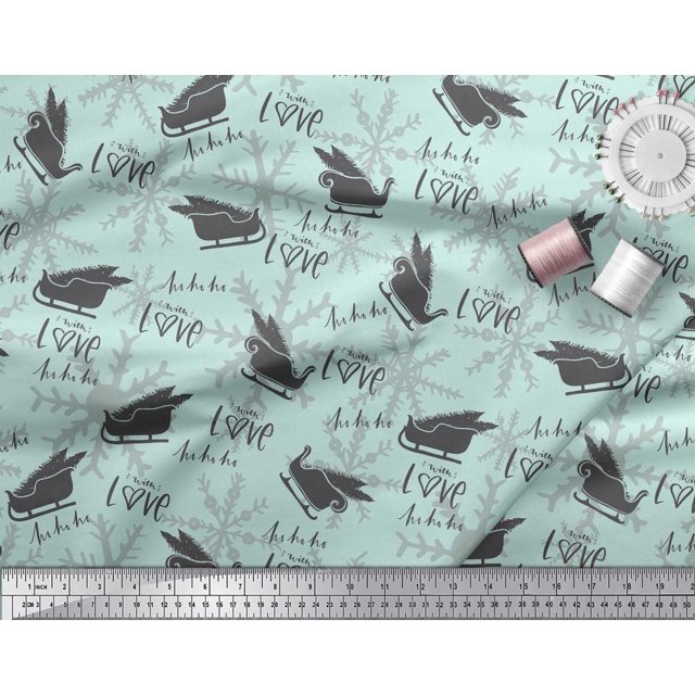 Soimoi Polyester Crepe Fabric Sleigh & with Love Text Print Fabric by The Yard 52 Inch Wide