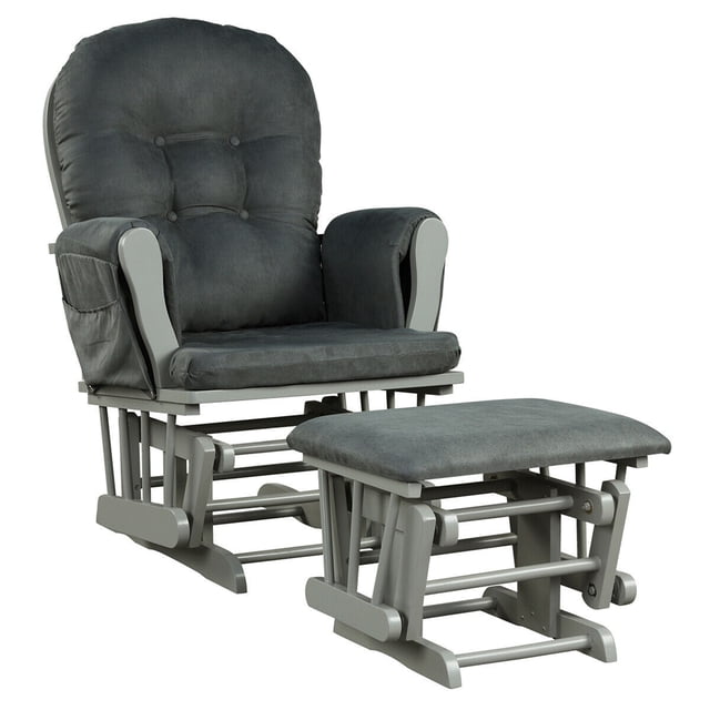 Gymax Fauteuil Berçant Relax pour Chambre de Bébé avec Coussin, Gris Foncé. Cet Ensemble de Meubles de Chambre de Bébé Comprend un Fauteuil Berçant Rembourré avec Accoudoirs Ergonomiques et Dossier, Assorti à un Ottoman Assorti. Les Deux Pièces Comportent un Cadre Robuste en Bois de Caoutchouc et en Bois Courbé avec des Roulements à Billes Lisses pour un Mouvement de Balancement Doux. la Chaise a une Housse de Coussin Amovible pour un Nettoyage Facile, des Poches de Rangement Latérales pour Tenir les Essentiels, et Est Idéale pour Se Détendre, Lire Ou Faire la Sieste dans une Chambre de Bébé Ou un Salon.