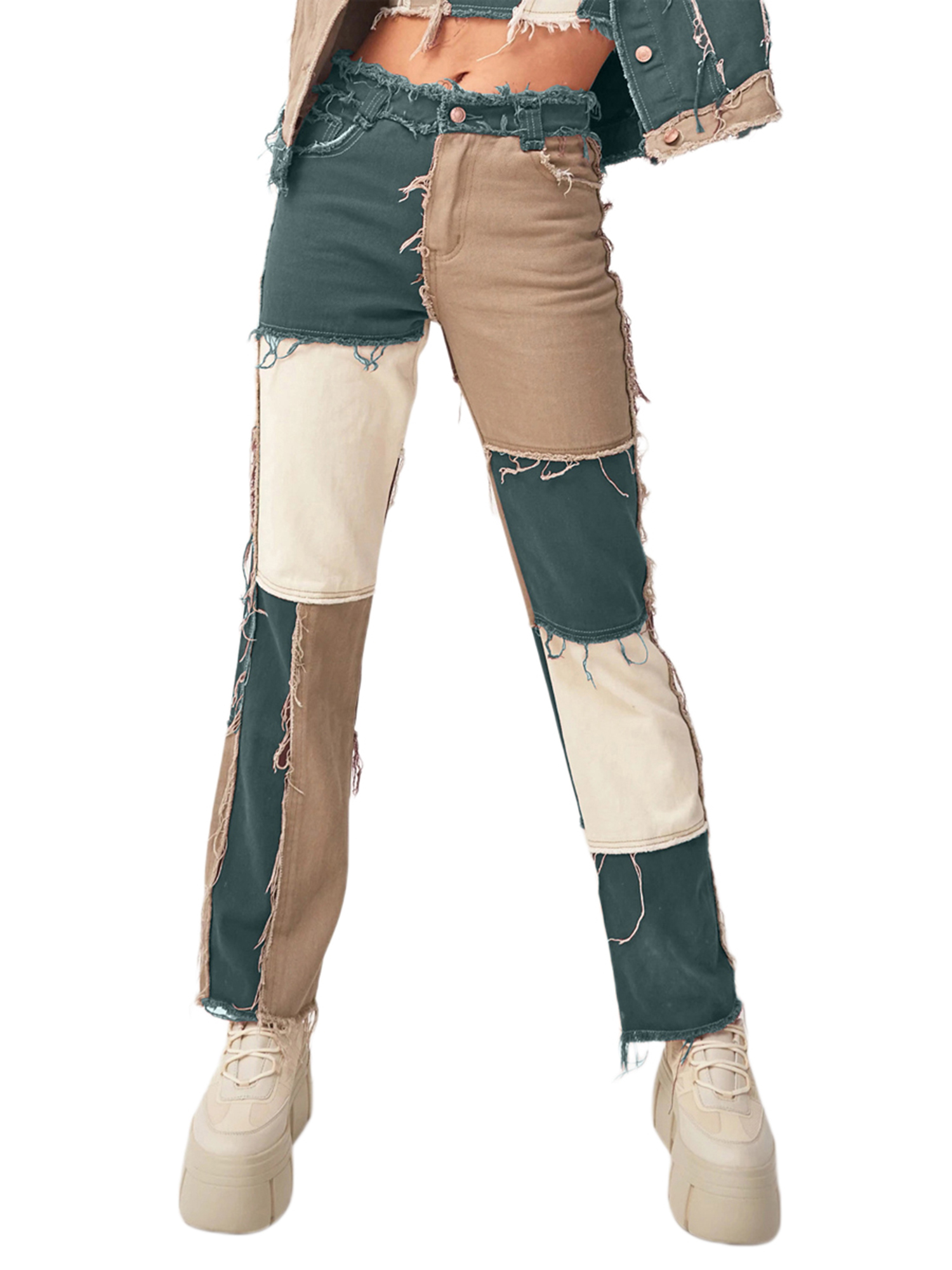 Kmbangi Women's Patchwork Color Blockings Jeans +High Waist Denim Trousers
