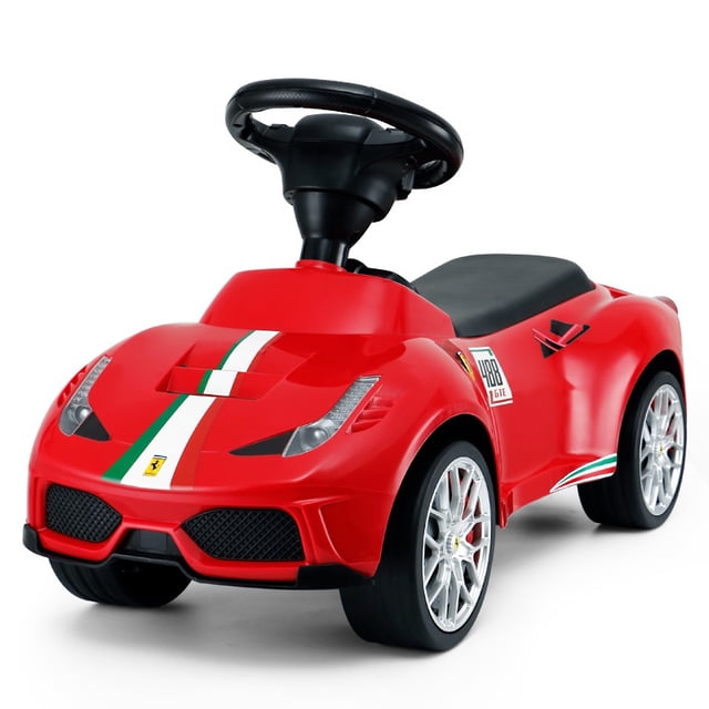 Voltz Toys Kids Licensed Ferrari 458 Ride On Push Car in red, featuring a realistic steering wheel, working horn, and durable plastic wheels for indoor and outdoor use. Designed for toddlers aged 1-3 years, it has a low seat for easy access and promotes leg strength and balance development. Officially licensed Ferrari design with a weight capacity of 44 lbs.
