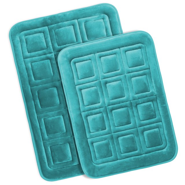Clara Clark Bathroom Rugs, Velvet Memory Foam Bath Mat, Ultra Soft Non Slip and Absorbent - Waffled - Set of 2 - Teal