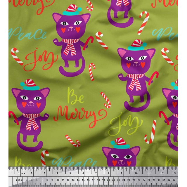 Soimoi Green Silk Fabric Text & Cat Kids Printed Fabric 1 Yard 42 Inch Wide