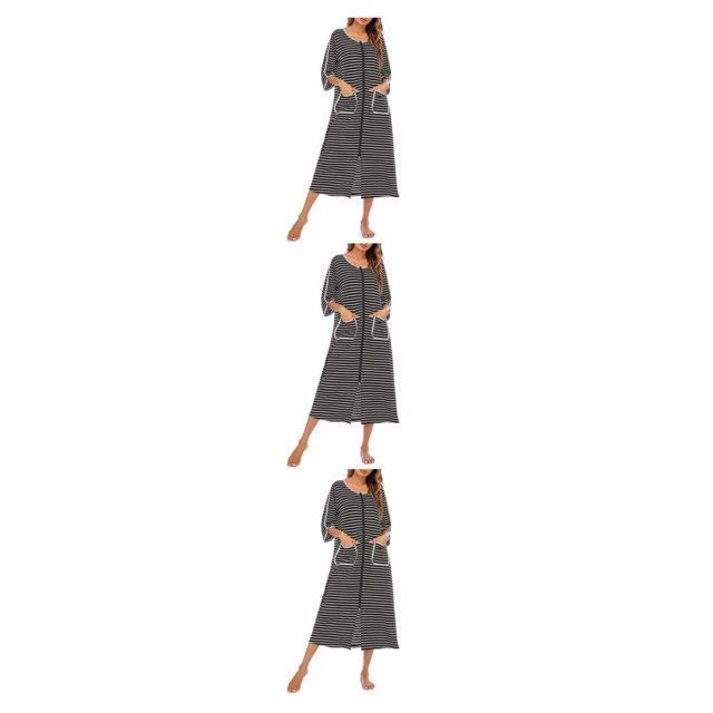 yingyy 1/2/3 Polyester Robe de Nuit pour Femmes Décontractée de Remplacement Col Rond Manches Longues Double Poche Respirante Peignoir de Maison Vêtement de Nuit Noir TTG 3 Pcs