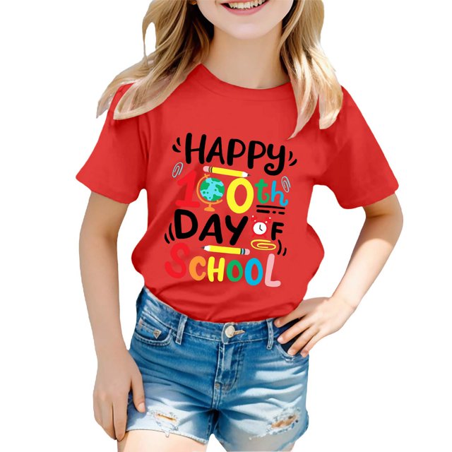 FhsagQ le 7 Juillet Garçon et Fille Mode Décontractée Imprimé Col Rond Ample Manche Courte T-Shirt Haut Filles Printemps T-Shirts Taille 8-10 Moins de 20 Printemps Chemises Fille Taille 10-12 pour la Plage Rouge 11-12 Ans