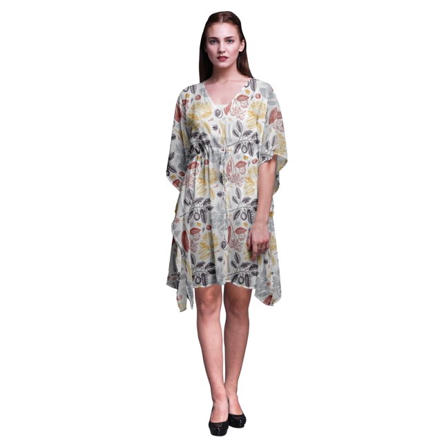 Bimba White5 Leaves Fruits,Spices & Ladies Kaftan Holiday Loungewear Midi Dress Beach Sortie de Plage-4X-5X