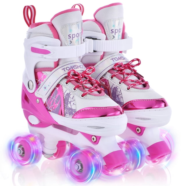 TOMSHOO TOMSHOO Patins à Roulettes à DEL Réglables pour Enfants - Roues Phosphorescentes, 4 Tailles, Rose et Blanc, Parfaits pour Garçons et Filles