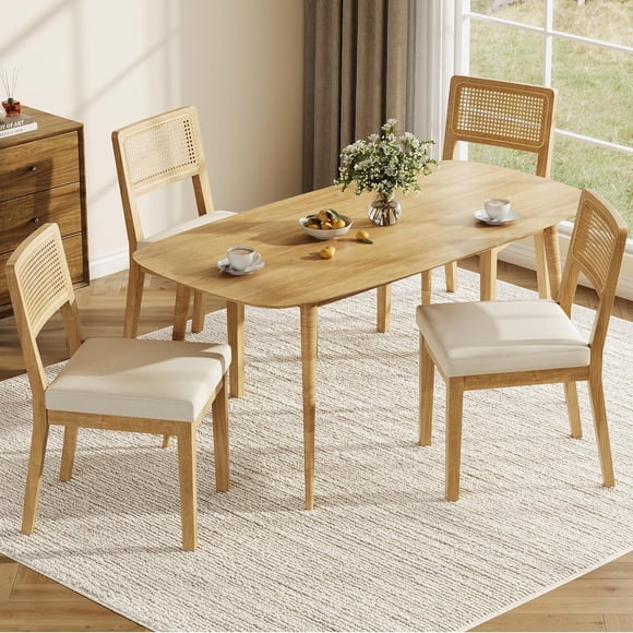 Rattan Dining Chairs Set of 4, French Country Upholstered Dining Chairs Wood Frame, Rattan Backrest, Armless Chair for Kitchen Restaurant Dining Room Bedroom, Linen, Natural
