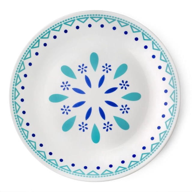 Corelle® Classic Assiette de Souper Santorini Sky, une Assiette en Verre Vitrelle® Blanche avec un Motif central de Gouttes Bleues et turquoise et des Formes Florales, Encadrée d'Une Bordure Géométrique turquoise avec des Points Bleus, Résistante aux Bris et aux Éclats, Compatible Micro-Ondes et Lave-Vaisselle, Convient aux Repas Quotidiens et aux Réceptions Décontractées.