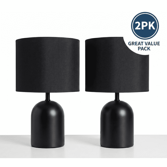 Anko 2pk Belle Touch Lamp, Black two‑pack of touch‑activated table lamps with textured fabric shades and sleek metal bases; bedside‑ready ambient lighting compatible with E26 7–9W LED bulbs, ideal for bedrooms and living rooms and often used as soft task or accent lighting.