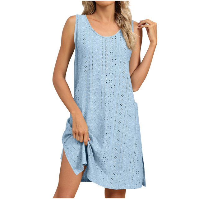 VEKDONE Women Summer Solid-Color Court Lock Round-Neck Casual Cuffless Dress Light Blue XL
