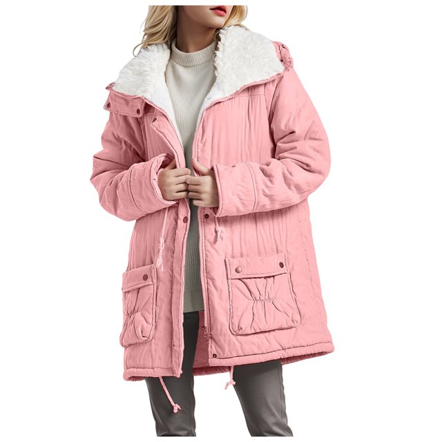 HBFAGFB Winter Jackets for Women Thick Warm Plush Lapel Adjustable Drawstring Hem Coat Pink Size L