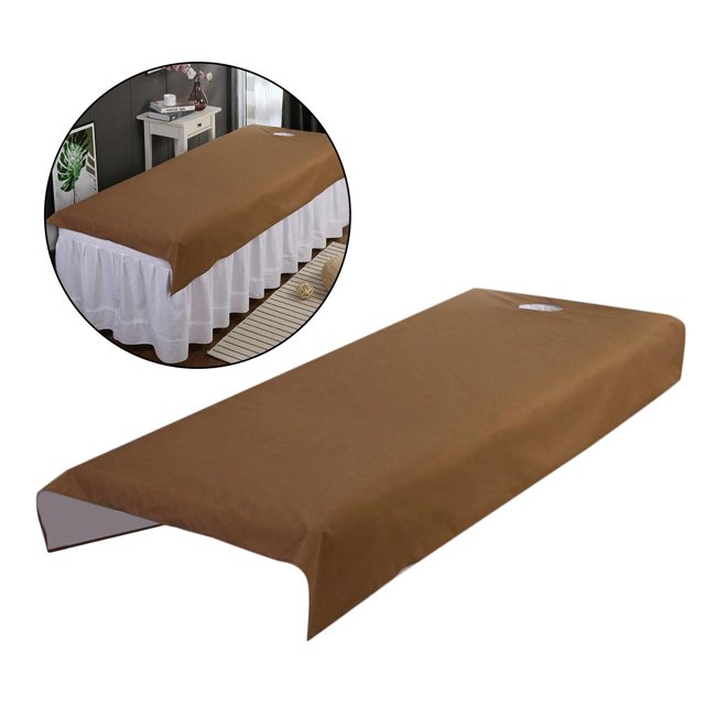 Massage Bed Sheet Disposable Stretcher Sheets Mattress Table Bed Sheets for SPA Coffee. A brown polyester disposable spa bed cover with a face hole, designed for professional beauty salons, massage clubs, and spa use. The sheet is waterproof, oil-resistant, portable, and measures 200x75cm, shown on a white skirted massage table in a spa setting.