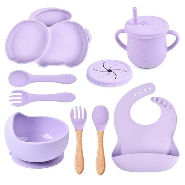 9Pcs Children‘S Silicone Tableware Set Baby Non-Slip Divided Children‘S Plate Bowl With Suction Cup