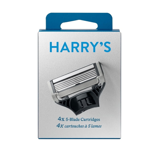 Harry’s Men’s Razor Blade Refills – 4ct showing a front view of a single 5-blade cartridge with flex hinge and lubricating strip on a silver and blue box, designed for a close shave and compatible with all Harry’s razor handles, suitable for precise facial hair grooming.