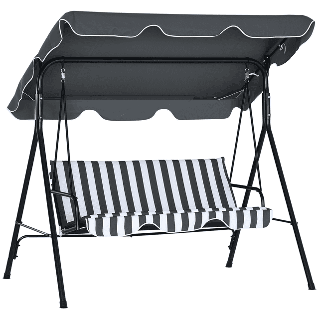 Outsunny 3-Seat Patio Swing Chair with Adjustable Canopy in grey and white. This outdoor swing features a durable powder-coated steel frame, a water-resistant polyester canopy, and a striped cushioned seat for comfort. The swing accommodates up to 528 lbs and includes armrests for added relaxation. The adjustable canopy provides customizable shade, making it ideal for lounging in various outdoor settings.
