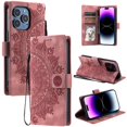 thumbnail image 1 of Étui à Rabat pour iPhone 16 Pro Max, Portefeuille en Cuir PU Premium avec Fleurs en Relief Totem, Porte-Cartes et Support Compatible avec iPhone 16 Pro Max - Rose, 1 of 14