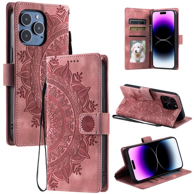 Étui à Rabat pour iPhone 16 Pro Max, Portefeuille en Cuir PU Premium avec Fleurs en Relief Totem, Porte-Cartes et Support Compatible avec iPhone 16 Pro Max - Rose