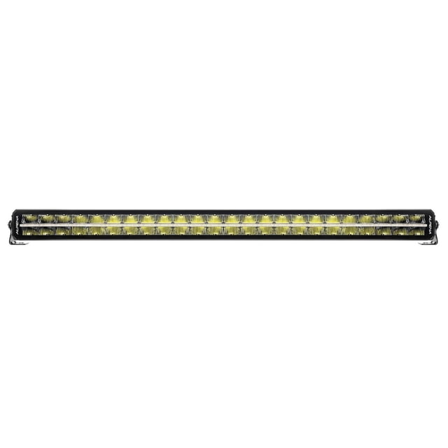 Alpena TrekTec Light Bar S42P single row LED light bar with yellow LEDs in black alloy housing and stainless steel adjustable mounts, IP67 rated for all-weather off-road use, ideal for ATVs, UTVs, trucks, and SUVs.
