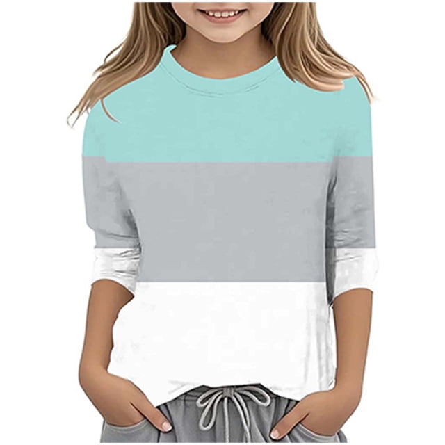 Splozh T-Shirts à Manches Longues pour Filles, T-Shirt Décontracté à Col Rond à Manches Trois Quarts pour Fille, Haut Basique Régulier à Manches 3/4, Gris Pâle, 10-11 Ans