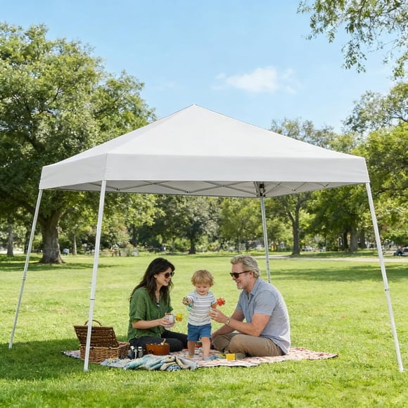 12x12 Ft Pop Up Canopy Tent, Instant One-Person Setup, Heavy-Duty Commercial Shelter with Waterproof Top, Adjustable Height, Includes Roller Bag & Sandbags for Beach, Markets, Outdoor Events, White