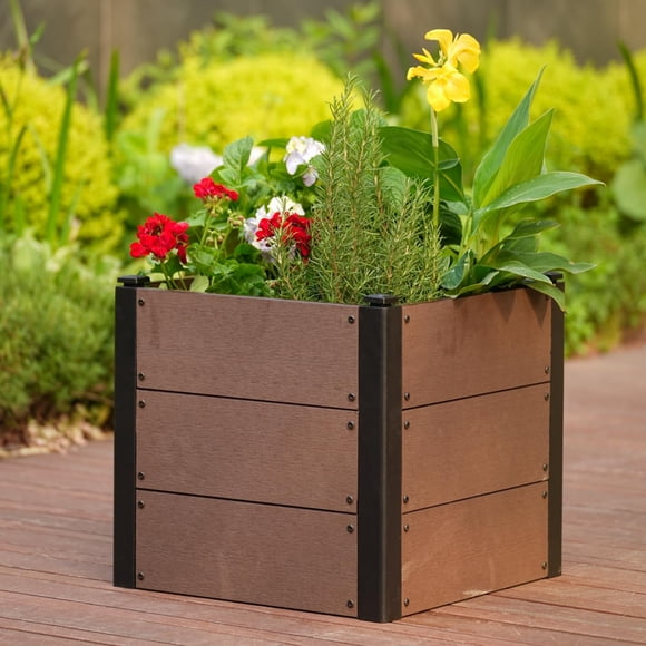 Elevated Wood-Look Raised Garden Bed – Durable Composite Planter Box – Space-Saving, Easy Assembly, With Base & Drainage – Ideal for Outdoor Vegetables, Herbs, Flowers – Size: 49x49x45cm, With Bottom