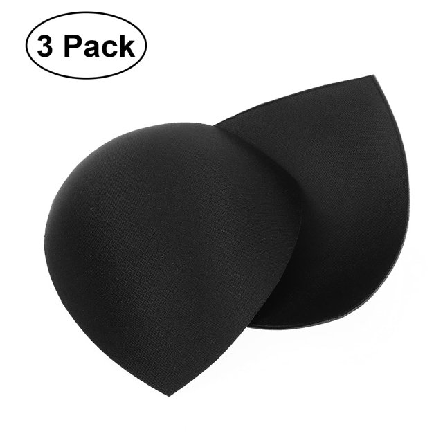 3 Pair Womens Removable Smart Cups Bra Inserts Pads For Swimwear Sports in black color. Made from sponge material with circum-sewed stitching, these lightweight, breathable inserts fit A/B or C/D cup sizes. Ideal for bras, swimsuits, and sportswear, they provide push-up and lift for a shapely silhouette. Perfect for women's bra accessories.
