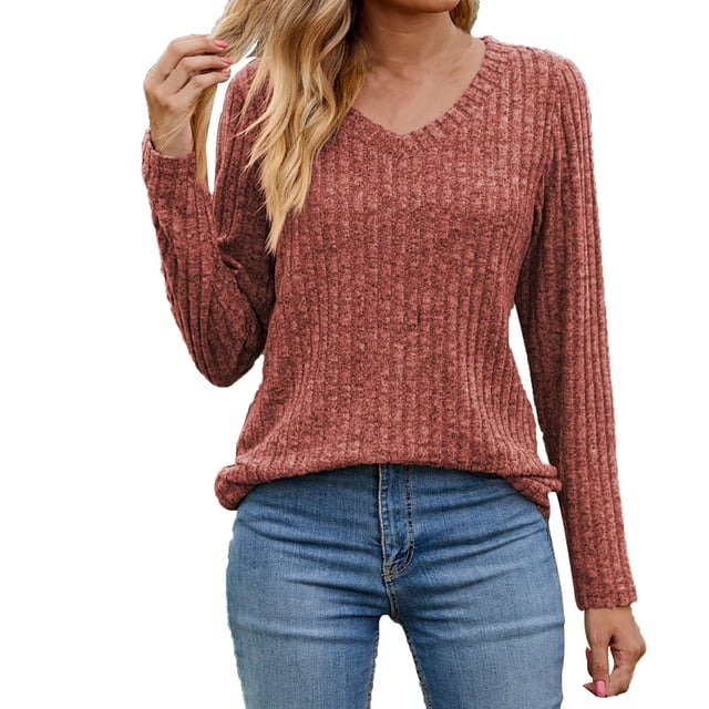 vdgthytj Sweaters for Women Long Sleeve Fall Fashion V Neck Knitted Tops Comfort Soft Basic Pullover Shirts