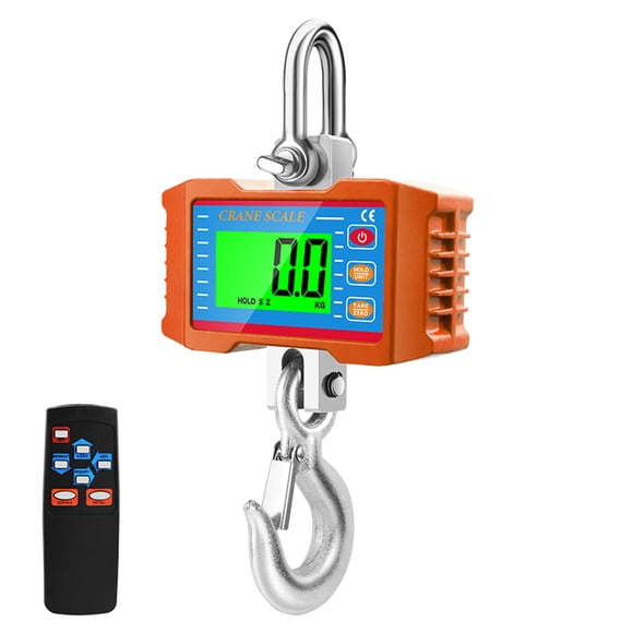 Orange Heavy-Duty Digital Crane Scale with Remote Control, 1000kg/2204lb Capacity, LCD Backlight Display, Unit Conversion (kg/Lb/N), Data Hold/Tare/Zero Functions, Steel & Aluminum Alloy