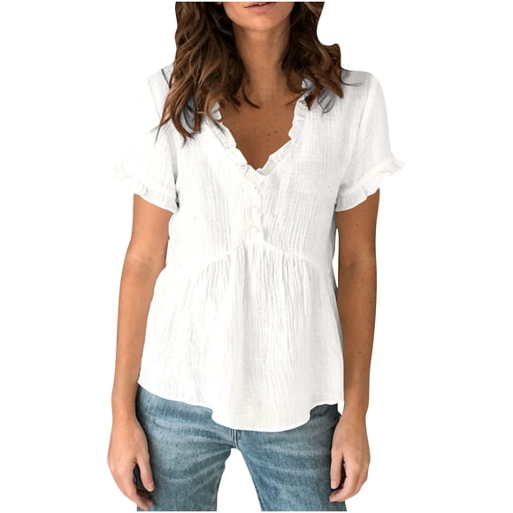 Daiosportswear Women's Short Sleeve Lace Trim Blouse V Neck Ruffle Hem Peplum Shirt Tops White L(L)