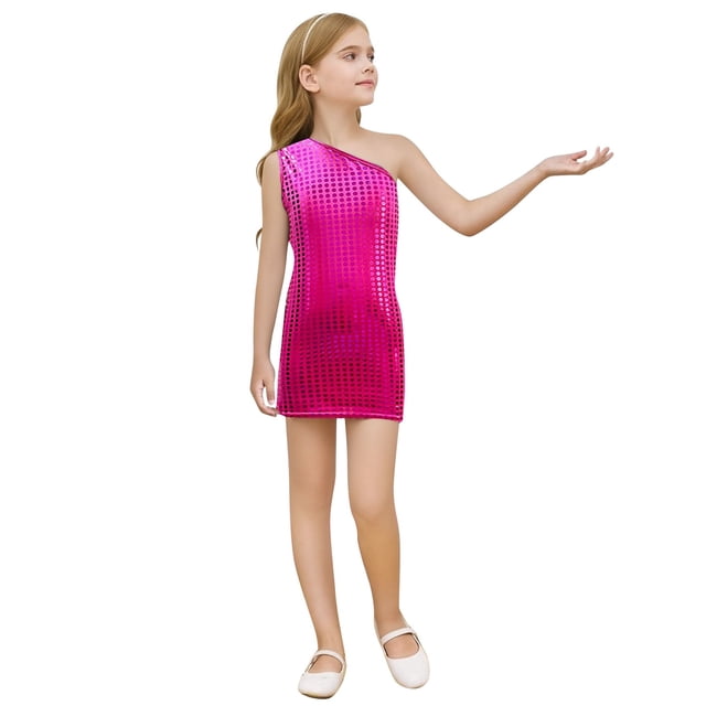 Wdgfv Robe à Paillettes pour Filles, Robe Moulante de Fête, Sans Manches, Robe de Danse Scintillante pour Anniversaire, Rose Vif, 4-5 Ans