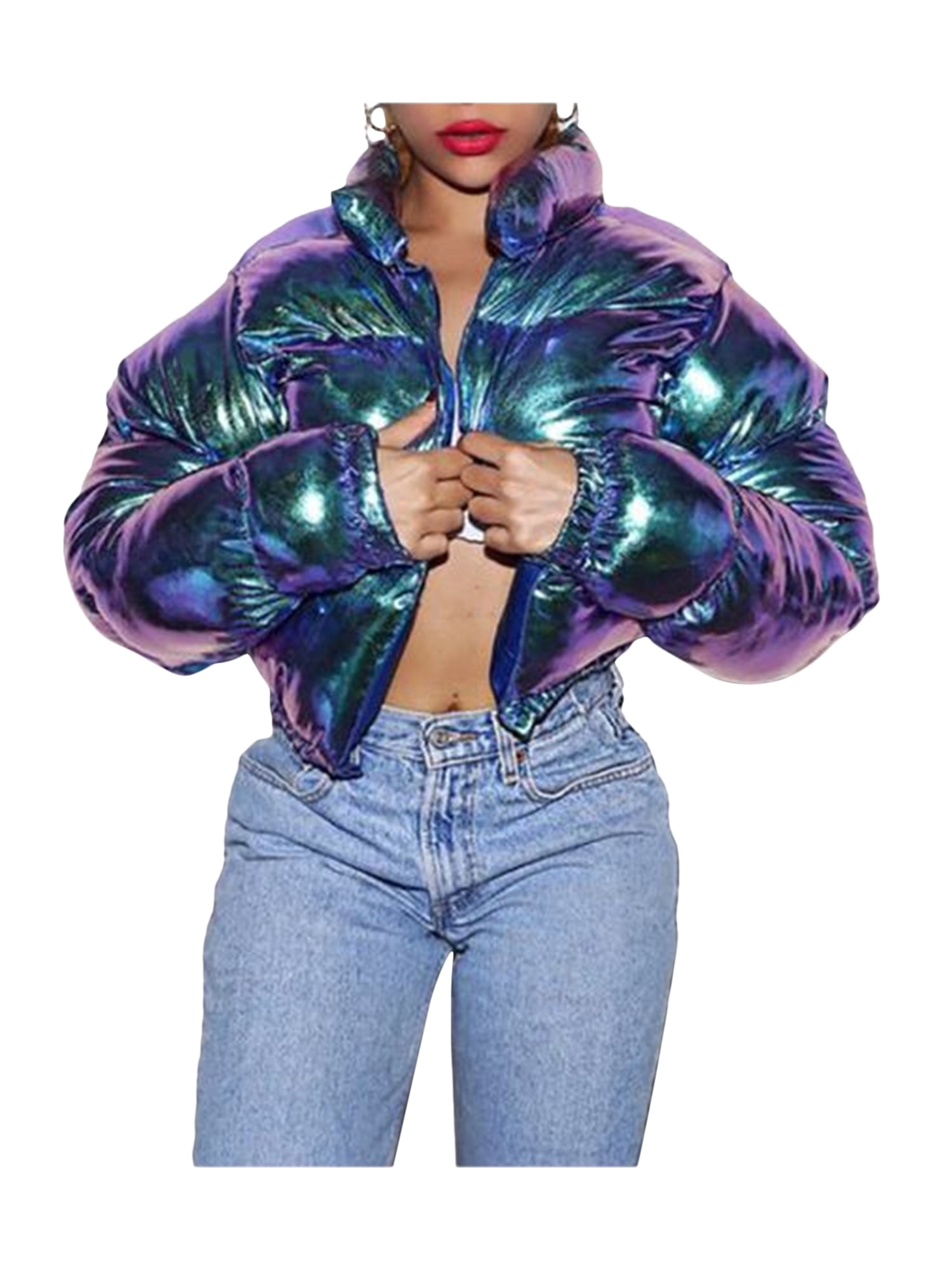 Gupgi Women Long Sleeve Stand Collar Metallic Quilted Puffer Jackets