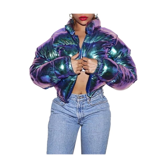 Gupgi Women Long Sleeve Stand Collar Metallic Quilted Puffer Jackets