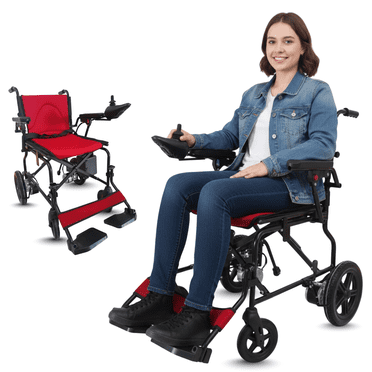 Easy Maneuver All Terrain Electric Wheelchair for Adults & Seniors - 4 Wheel Versatile Wheelchair w/ Electromagnetic Brake & Liftable Handrail for Easy Access - LiteRide Black Red