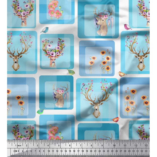 Soimoi Rayon Fabric Bird & Reindeer Face Patchwork Print Fabric by The Yard 42 Inch Wide