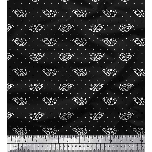 Soimoi Polyester Crepe Fabric Fish Block Printed Fabric 1 Yard 42 Inch Wide