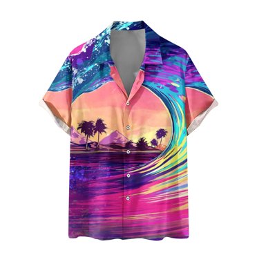 Birdeem Men Casual Buttons Color Block Hawaii Print with Pocket Turndown Short Sleeve Shirt Blouse