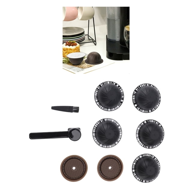 Reusable Coffee Pods Kit, 5 Pcs Empty Refillable Coffee Capsules with 2 Pcs Reusable Coffee Capsule Lids, Spoon and Brush, For Nestle Vertuolines Coffee Machines