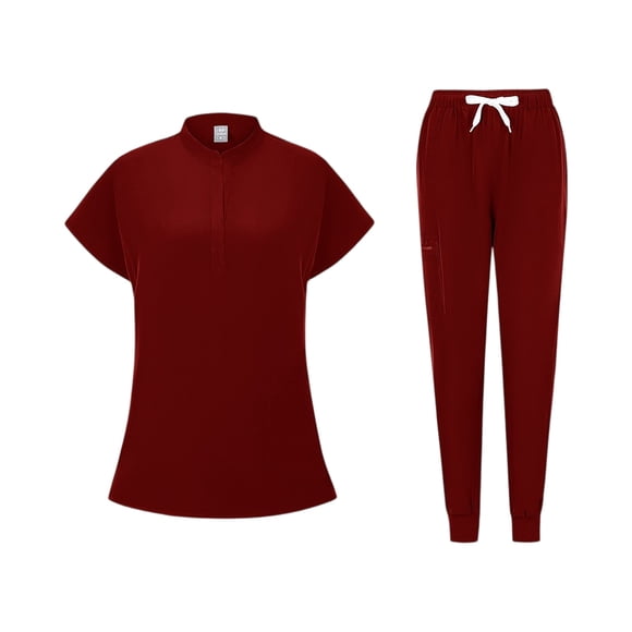 Ktyne Scrubs Sets for Women Stretchy Nursing Uniform Short Sleeve Scrub Top & Pants Solid Color Scrub Suit with Multi Pocket Wine M