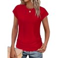thumbnail image 2 of T-shirts d'Été pour Femmes Froncés à Manches Courtes Style Cap, T-Shirts à Col Rond, Mode Rouge TG, 2 of 7