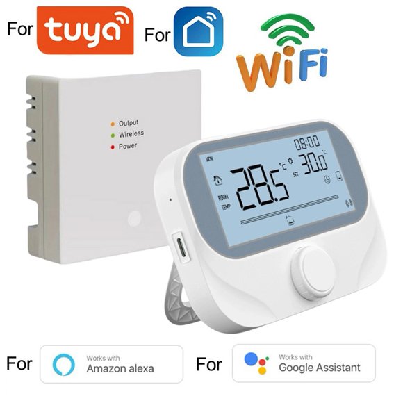 Wireless RF Boiler Thermostat For Tuya Smart App Programmable Room Temperature Controller With Rotary Knob Weather Humidity Display Antifreeze Function White