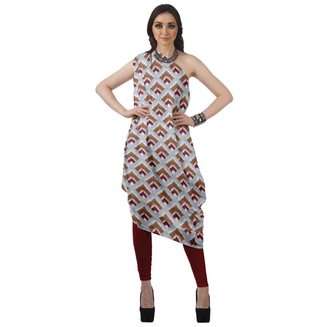 Moomaya Robe Kurti à une Épaule Imprimée pour Femme, Sans Manches, à Col Bénitier, Style Bohème, Tenue de Soirée de Designer