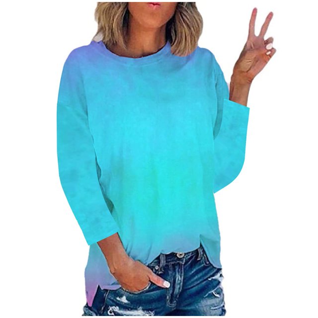 IROINID Offres Polyester Long Sleeve T-Shirt pour Women Confortable Été Col Rond Chemisiers de Sortie Tops,Blue