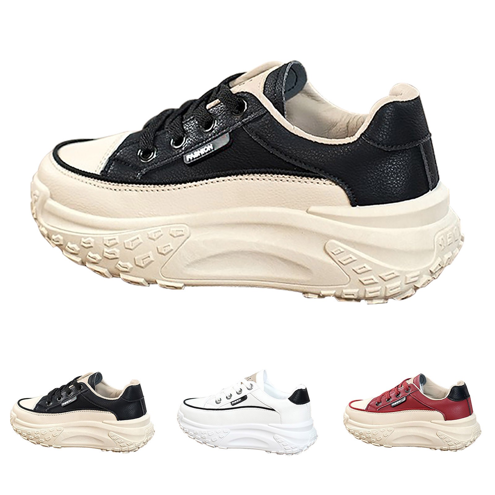AUDeals Womens Leather Platform Sneakers High Heel Lace Up Chunky