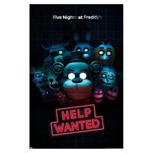 Five Nights at Freddy's - Affiche Murale « Help Wanted », 22,375 Po x 34 Po, Montrant des Personnages Animatroniques aux Yeux Blancs Lumineux, Dont un Ours central avec Haut-de-Forme sur un Fond à Grille Sombre, avec un Panneau « Help Wanted » Néon Rouge en Dessous, Imprimée sur Papier Lustré, Convient à la Déco de la Maison et aux Salles de Jeux.